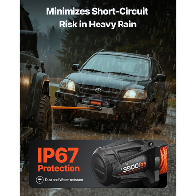 Ηλεκτρικό βαρούλκο VEVOR, χωρητικότητα φορτίου 6100 kg, βαρούλκο φορτηγού 12V DC με συνθετικό σχοινί Φ9,5 mm x 28 m, ασύρματο και ενσύρματο τηλεχειριστήριο, αδιάβροχο IP67 για ρυμούλκηση εκτός δρόμου SUV, τζιπ, ρυμουλκούμενου σκάφους