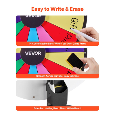 Τροχός Βραβείων VEVOR 610 mm, Τροχός Βραβείων 14 Θέσεων με Βάση, Ρουλέτα Win Fortune με Ρυθμιζόμενο Ύψος και 2 Μαρκαδόρους, 6 Χρώματα, Εύκολη Συναρμολόγηση, για Party Pub Trade Show Carnival