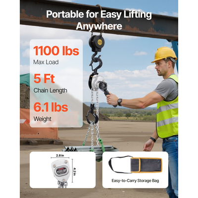 Αλυσίδα χειροκίνητης ανύψωσης VEVOR με μοχλό, χωρητικότητα 1/2T 500KG βαρέως τύπου, ανύψωση 1,5M από κράμα χάλυβα G80 με μηχανικό φρένο διπλής αγκίστρωσης, περιστρεφόμενοι γάντζοι 360°, για αποθήκη και γκαράζ