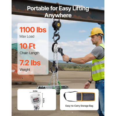 Αλυσίδα χειροκίνητης ανύψωσης VEVOR, χωρητικότητας 1/2T 500KG βαρέως τύπου, αλυσίδα από κράμα χάλυβα G80 ανύψωσης 3M με μηχανικό φρένο διπλής αγκίστρωσης, περιστρεφόμενοι γάντζοι 360°, για αποθήκη και γκαράζ κατασκευών