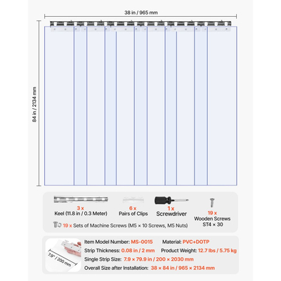 VEVOR Διαφανής Λωρίδα Κουρτίνας PVC, Ύψος 2,1 m x Πλάτος 0,96 m x Πάχος 2 mm, 6 τεμάχια Λωρίδες Κουρτίνας για Ψυγείο Κατάψυξης, Θερμομονωτικές Λωρίδες Πλαστικής Πόρτας για Αποθήκη, Κατάψυξη, Πόρτες Γκαράζ