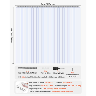 VEVOR Διαφανής Λωρίδα Κουρτίνας PVC, Ύψος 2,4 m x Πλάτος 2,1 m x Πάχος 2 mm, 14 τεμάχια Λωρίδες Κουρτίνας για Ψυγείο Κατάψυξης, Λείες Αδιάβροχες Λωρίδες Πλαστικής Πόρτας για Αποθήκη, Κατάψυξη, Πόρτες Γκαράζ