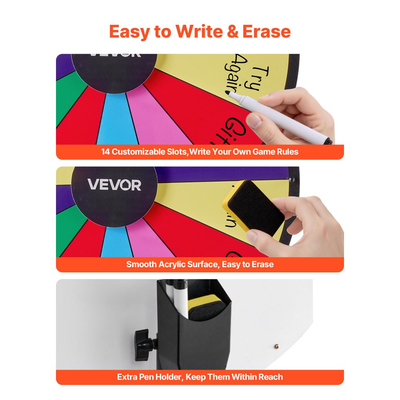 Τροχός Βραβείων VEVOR 610 mm, Τροχός Βραβείων 14 Θέσεων με Τρίποδο, Ρουλέτα Win Fortune με Ρυθμιζόμενο Ύψος και 2 Μαρκαδόρους, 6 Χρώματα, Εύκολη Συναρμολόγηση, για Party Pub Trade Show Carnival