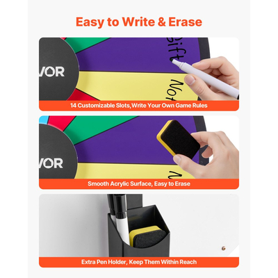 Τροχός Βραβείων VEVOR 610 mm, Τροχός Βραβείων 14 Θέσεων με Βάση, Επιτραπέζια Ρουλέτα Τύχης με Ξηρό Σβήσιμο και 2 Μαρκαδόρους, 6 Χρώματα, Εύκολη Συναρμολόγηση, για Πάρτι, Παμπ, Εμπορική Έκθεση, Καρναβάλι, Εκδηλώσεις