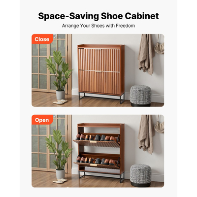 Παπουτσοθήκη VEVOR με 2 αναδιπλούμενα συρτάρια, Ντουλάπι αποθήκευσης παπουτσιών Mid-Century με συσκευή κατά της ανατροπής, Ανεξάρτητη ραβδωτή θήκη οργάνωσης παπουτσιών, Ιδανική για είσοδο, διάδρομο, υπνοδωμάτιο, σαλόνι, καρυδιά
