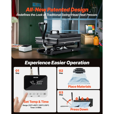 Υβριδική Θερμική Πρέσα VEVOR, 380 x 380 mm, Πολυλειτουργική 8 σε 1, Γρήγορη και Ομοιόμορφη Θέρμανση, Ολοκαίνουργιος Πατενταρισμένος Σχεδιασμός, Εύκολος Χειρισμός, Μηχανή Πρέσας Εξάχνωσης για Μπλουζάκια/Κούπες/Ποτήρια/Καπέλα/Πιάτα, Μαύρο