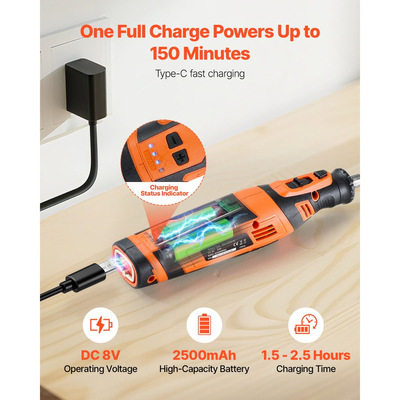 Κιτ ασύρματων περιστροφικών εργαλείων VEVOR 136 τεμαχίων, φορητό μίνι ηλεκτρικό περιστροφικό εργαλείο DC8V, 5 ταχύτητες 5000-30000RPM πολλαπλών χρήσεων εργαλεία DIY για χάραξη, τρίψιμο, στίλβωση, σκάλισμα, λείανση, κοπή, χειροτεχνίες DIY