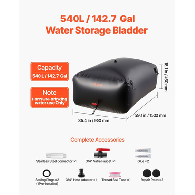 Κύστη αποθήκευσης νερού VEVOR 540L μεγάλης χωρητικότητας, τσάντα νερού, φορητή και πτυσσόμενη δεξαμενή μαλακού νερού, στεγανή και ανθεκτική στη φθορά δεξαμενή αποθήκευσης νερού έκτακτης ανάγκης από PVC για τροχόσπιτα και εξωτερική χρήση