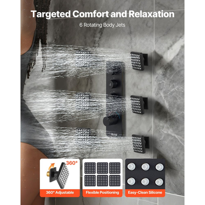 Σετ βρύσης ντους VEVOR, θερμοστατικό σύστημα ντους βροχής οροφής 406 mm με 6 ακροφύσια σώματος και ψεκασμό χειρός, περιστρεφόμενη κεφαλή βροχής 3 λειτουργιών, πλήρης ορειχάλκινη βαλβίδα και κιτ επένδυσης, ματ μαύρο