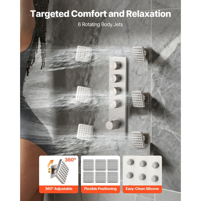 Σετ βρύσης ντους VEVOR, θερμοστατικό σύστημα ντους βροχής οροφής 406 mm με κεφαλή τοίχου 152 mm, 6 ακροφύσια σώματος και ψεκασμό χειρός, διπλή βαλβίδα ορείχαλκου με κεφαλή βροχής και κιτ περιμετρικής επένδυσης, βουρτσισμένο νικέλιο