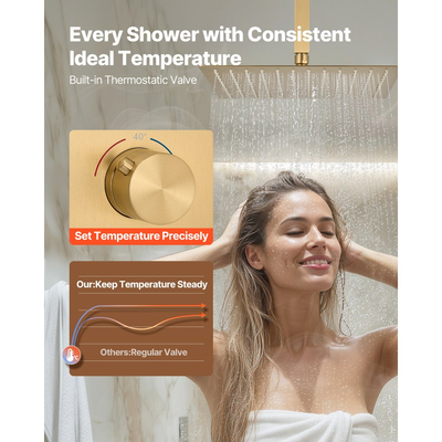 Σετ βρύσης ντους VEVOR, θερμοστατικό σύστημα ντους βροχής οροφής 305 mm με κεφαλή τοίχου 152 mm και ψεκασμό χειρός 2 σε 1, κιτ περιμετρικής βαλβίδας ορείχαλκου με διπλή κεφαλή βροχής 3 λειτουργιών, βουρτσισμένο χρυσό