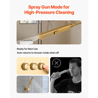 Σετ βρύσης ντους VEVOR, θερμοστατικό σύστημα ντους βροχής οροφής 305 mm με κεφαλή τοίχου 152 mm και ψεκασμό χειρός 2 σε 1, κιτ περιμετρικής βαλβίδας ορείχαλκου με διπλή κεφαλή βροχής 3 λειτουργιών, βουρτσισμένο χρυσό