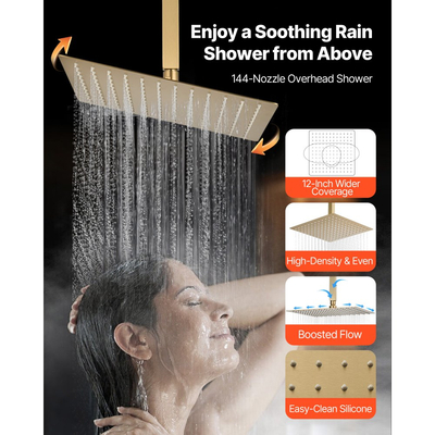 Σετ βρύσης ντους VEVOR, θερμοστατικό σύστημα ντους βροχής οροφής 305 mm με κεφαλή τοίχου 152 mm και ψεκασμό χειρός 2 σε 1, κιτ περιμετρικής βαλβίδας ορείχαλκου με διπλή κεφαλή βροχής 3 λειτουργιών, βουρτσισμένο χρυσό