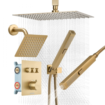 Σετ βρύσης ντους VEVOR, θερμοστατικό σύστημα ντους βροχής οροφής 305 mm με κεφαλή τοίχου 152 mm και ψεκασμό χειρός 2 σε 1, κιτ περιμετρικής βαλβίδας ορείχαλκου με διπλή κεφαλή βροχής 3 λειτουργιών, βουρτσισμένο χρυσό