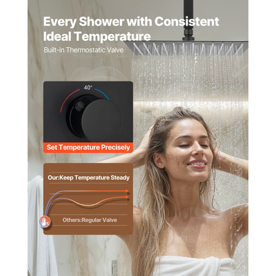 Σετ βρύσης ντους VEVOR, θερμοστατικό σύστημα ντους βροχής οροφής 305 mm με κεφαλή τοίχου 152 mm και ψεκασμό χειρός 2 σε 1, βαλβίδα ορείχαλκου διπλής κεφαλής βροχής 3 λειτουργιών και κιτ περιμετρικής επένδυσης, ματ μαύρο