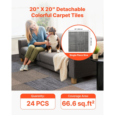 Πλακάκια χαλιού VEVOR Επαναχρησιμοποιούμενα 508 x 508 mm, 24 τεμάχια αρθρωτό τετράγωνο χαλί, Εμπορικό δάπεδο με μαλακή επένδυση για κάλυψη χωρίς ραφές 6.2㎡, Εύκολη αντικατάσταση DIY για σαλόνι, υπνοδωμάτιο, γραφείο, εσωτερικό, πολύχρωμο