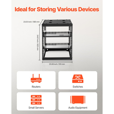 Rack δικτύου VEVOR 12U ανοιχτού πλαισίου, βάθους 585 mm, επιτοίχιο ή επιδαπέδιο, βαρέως τύπου 4 θέσεων, με αεριζόμενα ράφια και υλικό στήριξης, χωράει όλο τον εξοπλισμό δικτύωσης IT και τον εξοπλισμό AV.