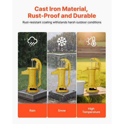 Χειροκίνητη αντλία κανάτας VEVOR Well, μέγιστη ανύψωση 25 ft, χειροκίνητη αντλία νερού από χυτοσίδηρο αντίκα, σύνδεση NPT 1-1/4 in, εύκολη εγκατάσταση, παλαιού τύπου για εξωτερικούς χώρους, κήπο, λίμνη, αυλή, αγρόκτημα, κίτρινη