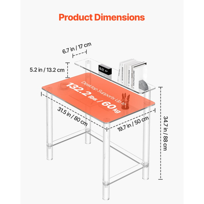 Τραπέζι Ακρυλικού VEVOR, 2 Επίπεδα Διαφανές Γραφείο με Βάση Οθόνης, Ακρυλικό Γραφείο Υπολογιστή, Μοντέρνο Πλαϊνό Τραπεζάκι Κομοδίνο για Υπνοδωμάτιο, Γραφείο, Μελέτη, Βεστιάριο, 50 x 80 x 88 cm (Διαφανές)