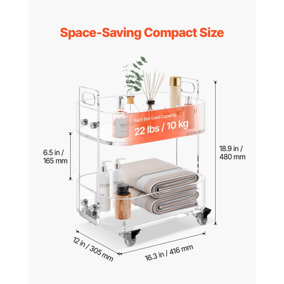 Τραπέζι VEVOR Ακρυλικό με Ρόδες, Κινητό Τραπέζι Καροτσιού 2 Επιπέδων, Μοντέρνο Τροχαίο Γραφείο Αποθήκευσης από Ακρυλικό, Διαφανές Κομοδίνο Πλαϊνό Γραφείο, για Σαλόνι, Υπνοδωμάτιο, Μπαρ, Γραφείο, 30,5 x 41,6 x 48 cm (Διαφανές)