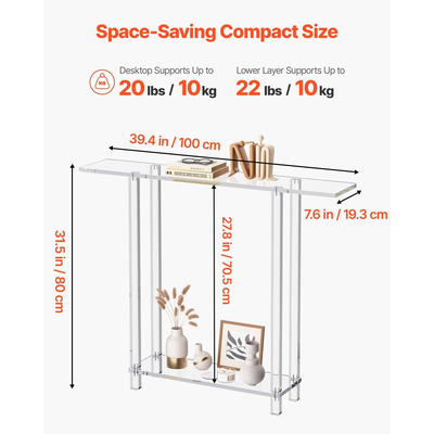 Τραπέζι Κονσόλας VEVOR Ακρυλικό, 2 Επίπεδα Στενό Πλαϊνό Γραφείο με Ανοιχτό Κάτω Αποθηκευτικό Χώρο, Μοντέρνο Ορθογώνιο Ακρυλικό Τελικό Τραπέζι, Διαφανές Γραφείο Εισόδου για Φουαγιέ, Διάδρομο, Σαλόνι, 19,3 x 100 x 80 cm (Διαφανές)