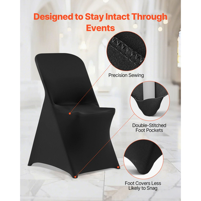 VEVOR 30 τεμάχια μαύρα καλύμματα καρέκλας, κάλυμμα καρέκλας από πολυεστέρα και σπάντεξ, ελαστικά καλύμματα για γάμο, πάρτι, τραπεζαρία, δεξιώσεις, καλύμματα καρέκλας με επίπεδη πρόσοψη, κατάλληλα για καρέκλα. Διαστάσεις έως 18,11 x 19,69 x 33,86 ίντσες.