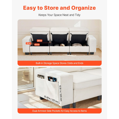 Καναπές VEVOR 3 ατόμων, Μοντέρνος καναπές-κρεβάτι με γωνιακό χώρο αποθήκευσης στο κάτω μέρος, Μοντέρνος άνετος καναπές Cloud με πλαϊνές τσέπες αποθήκευσης και μεταλλικό σκελετό, ιδανικός για σαλόνι, υπνοδωμάτιο, διαμέρισμα και γραφείο, λευκό