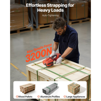 Ηλεκτρική μηχανή δεσίματος VEVOR, 2 μπαταρίες 4000mAh, Αυτόματο εργαλείο δεσίματος με ψηφιακή οθόνη για ιμάντες PP/PET πλάτους 9-16 mm, Μηχανή τάνυσης ταινίας για συσκευασία κουτιών παλέτας