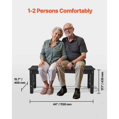 Πάγκος εξωτερικού χώρου VEVOR, 113 cm, χωρητικότητα βάρους 272 kg, ανθεκτικό στις καιρικές συνθήκες πλαστικό πλαίσιο με ρυθμιζόμενα επίπεδα πέλματα και χοντρό πόδι, εξωτερικός πάγκος για βεράντα, κήπο, πάρκο, αυλή, μπροστινή βεράντα, μαύρος