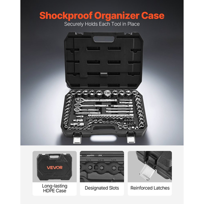 Σετ καρυδάκια VEVOR, 86 τεμάχια, σετ καρυδάκια και καστάνιας 9,5 & 6,4 & 12,7 mm, SAE και μετρικό, κιτ εργαλείων μηχανικού με κλειδί καστάνιας, αξεσουάρ και θήκη αποθήκευσης, κράμα χάλυβα CR-V, για επισκευή αυτοκινήτων