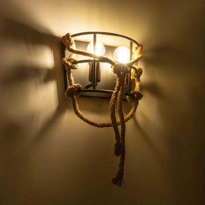 GLOBOSTAR® BARBOSA 01083 Vintage Φωτιστικό Τοίχου - Απλίκα με Ντουί 2 x E27 AC 220-240V IP20 - Μαύρο & Μπεζ - Μ30 x Π16 x Υ20cm