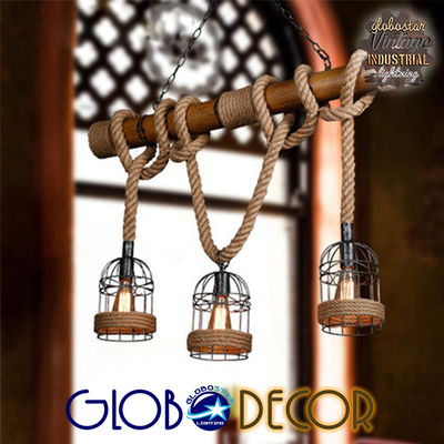 GLOBOSTAR® LILO 01149 Vintage Κρεμαστό Φωτιστικό Οροφής με Ντουί 3 x E27 AC 220-240V IP20 - Καφέ & Μπεζ - Μ80 x Π15 x Υ100cm