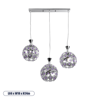 GLOBOSTAR® BOUQUET 01249 Μοντέρνο Κρεμαστό Φωτιστικό Οροφής με Ντουί 3 x E27 AC 220-240V IP20 - Ασημί & Μωβ - Μ66 x Π18 x Υ24cm