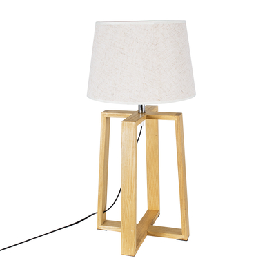 GloboStar® SQUID 01265 Μοντέρνο Επιτραπέζιο Φωτιστικό Πορτατίφ Μονόφωτο 1 x E27 IP20 Μπεζ Ξύλο με Μπεζ Ύφασμα - Μ30 x Π30 x Υ63cm