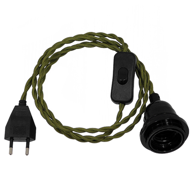 GLOBOSTAR® WHIP 91031 Μοντέρνο DIY Φωτιστικό με Πλεκτό Καλώδιο, Ντουί 1 x E27, Διακόπτη On/Off & Πρίζα AC 220-240V IP20 - Χακί & Μαύρο - Μ150 x Π5.8 x Υ5.8cm