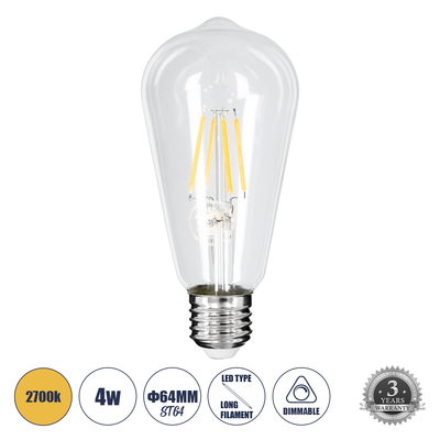 GLOBOSTAR® PEAR 99015 Λάμπα E27 ST64 LED 4W 400lm 360° AC 220-240V IP20 Θερμό Λευκό 2700K Dimmable - Long Filament Chip - Διάφανο - Μ6.4 x Π6.4 x Υ14cm - 3 Χρόνια Εγγύηση