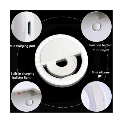 GloboStar® 79042 Selfie Ring Light LED SMD 2W 200 lm Λευκό Σώμα με Ενσωματωμένη Επαναφορτιζόμενη Μπαταρία 500mAh & Καλώδιο Φόρτισης Micro USB Ψυχρό Λευκό 6000 K για Κινητό Τηλέφωνο και Tablet Φ8.5 x Υ2.5cm