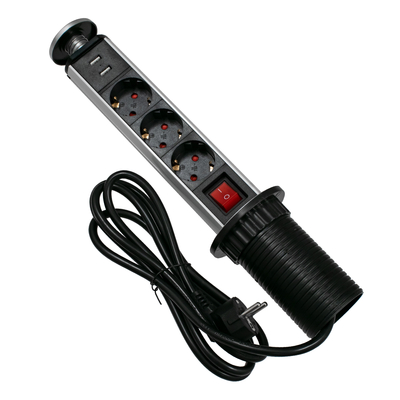 GLOBOSTAR® POWERFOLD 79630 Χωνευτό Πτυσσόμενο Πολύπριζο 5 Θέσεων με 2 x Πρίζες DC 5V USB 3.0 & 3 x EU Schuko Πρίζες Ασφαλείας Childproof AC 220-240V 3000W/13A Max Load με Διακόπτη On/Off IP20 - Μαύρο & Γκρι - Μ8 x Π8 x Υ33cm