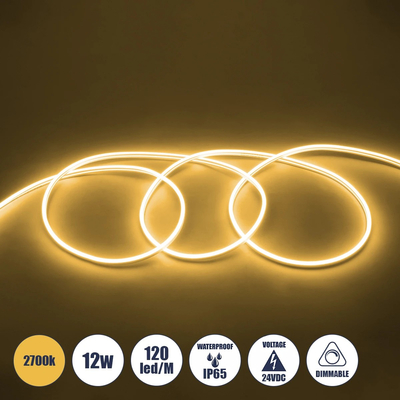 GLOBOSTAR® NEOVALE 70562 Ταινία Neon Flex LED 12W/m 840lm/m 120° DC 24V Αδιάβροχο IP65 120 x SMD2835 Chip/m Θερμό Λευκό 2700K Dimmable - Μ100 x Π0.8 x Υ1.6cm - 3 Χρόνια Εγγύηση