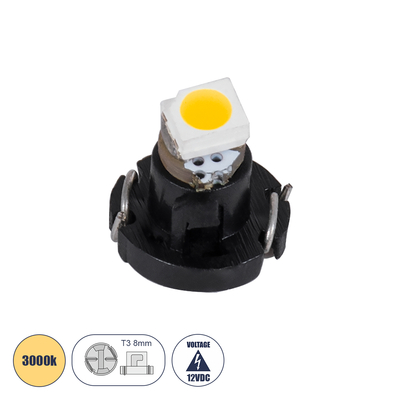 GLOBOSTAR® T3 81002 Λάμπα T3 8mm B8.5d LED 0.12W 30lm 120° DC 12V IP20 Θερμό Λευκό 2700K - 1 x Epistar SMD1210 Chip - Μ0.8 x Π0.8 x Υ0.7cm - 1 Χρόνο Εγγύηση