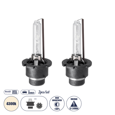 GLOBOSTAR® HID 84024 Λάμπα Xenon D2S/D2C Super Vision Υψηλής Φωτεινότητας +60% CANbus E1 ECER37 55W/110W 5000lm/10000lm 360° DC 12-24V Αδιάβροχο IP65 Φυσικό Λευκό 4300K - Μ3.2 x Π3.2 x Υ7.5cm - Πακέτο 2 Τεμαχίων - 2 Χρόνια Εγγύηση