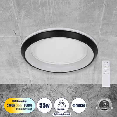 GLOBOSTAR® MELINA 61040 Μοντέρνο Φωτιστικό Οροφής LED 55W 6376lm 120° AC 220-240V IP20 Ρυθμιζόμενο Λευκό CCT με Χειριστήριο από 2700K έως 6000K Dimmable - Lumileds SMD Chip - Μαύρο Ματ - Μ48 x Π48 x Υ9cm - 3 Χρόνια Εγγύηση