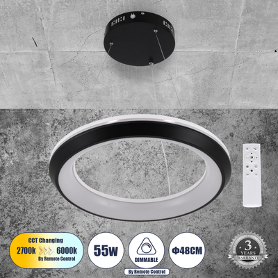 GLOBOSTAR® MELINA 61043 Μοντέρνο Κρεμαστό Φωτιστικό Οροφής LED 55W 6376lm 120° AC 220-240V IP20 Ρυθμιζόμενο Λευκό CCT με Χειριστήριο από 2700K έως 6000K Dimmable - Lumileds SMD Chip - Μαύρο Ματ - Μ48 x Π48 x Υ6.5cm - 3 Χρόνια Εγγύηση