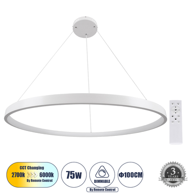GLOBOSTAR® NEMESIS 61165 Μοντέρνο Κρεμαστό Φωτιστικό Οροφής LED 75W 8743lm 360° AC 220-240V IP20 Ρυθμιζόμενο Λευκό CCT με Χειριστήριο από 2700K έως 6000K Dimmable - Lumileds SMD Chip - Λευκό Ματ - Μ100 x Π100 x Υ4cm - 3 Χρόνια Εγγύηση