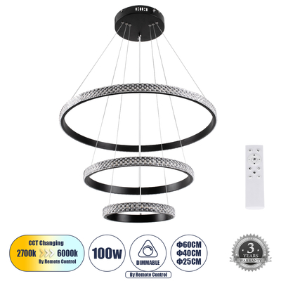 GLOBOSTAR® DIAMOND TRIO 61136 Μοντέρνο Κρεμαστό Φωτιστικό Οροφής LED 100W 12123lm 360° AC 220-240V IP20 Ρυθμιζόμενο Λευκό CCT με Χειριστήριο από 2700K έως 6000K Dimmable - Lumileds SMD Chip - Μαυρό Ματ - Μ60 x Π60 x Υ60cm - 3 Χρόνια Εγγύηση