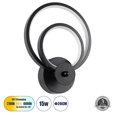GLOBOSTAR® FREDDIE 61076 Μοντέρνο Φωτιστικό Τοίχου - Απλίκα LED 15W 1800lm 300° AC 220-240V IP20 Ρυθμιζόμενο Λευκό CCT με On/Off 2700K/4500K/6000K - Lumileds SMD Chip - Μαύρο Ματ - Μ20 x Π7.5 x Υ25cm - 3 Χρόνια Εγγύηση