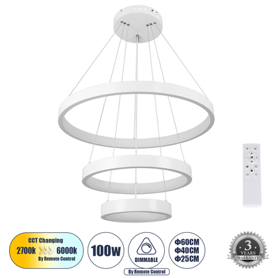 GLOBOSTAR® NEMESIS TRIO 61168 Μοντέρνο Κρεμαστό Φωτιστικό Οροφής LED 100W 12123lm 360° AC 220-240V IP20 Ρυθμιζόμενο Λευκό CCT με Χειριστήριο από 2700K έως 6000K Dimmable - Lumileds SMD Chip - Λευκό Ματ - Μ60 x Π60 x Υ60cm - 3 Χρόνια Εγγύηση
