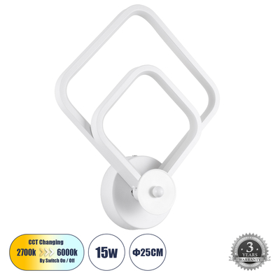 GLOBOSTAR® ANNA 61086 Μοντέρνο Φωτιστικό Τοίχου - Απλίκα LED 15W 1800lm 300° AC 220-240V IP20 Ρυθμιζόμενο Λευκό CCT με On/Off 2700K/4500K/6000K - Lumileds SMD Chip - Λευκό Ματ - Μ25 x Π8 x Υ30cm - 3 Χρόνια Εγγύηση