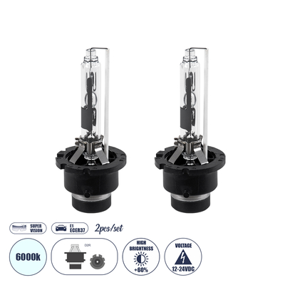 GLOBOSTAR® HID 84033 Λάμπα Xenon D2R Super Vision Υψηλής Φωτεινότητας +60% CANbus E1 ECER37 55W/110W 5000lmΨυχρό Λευκό 6000K - Μ3.2 x Π3.2 x Υ7.5cm - Πακέτο 2 Τεμαχίων - 2 Χρόνια Εγγύηση