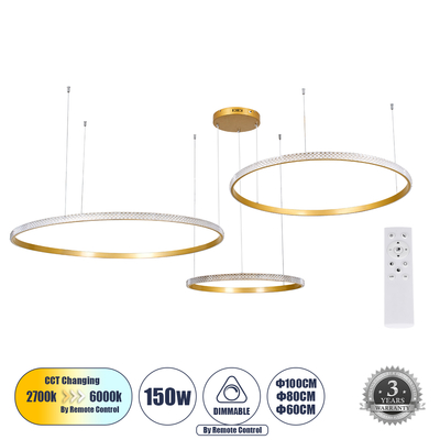 GLOBOSTAR® DIAMOND TRIO 61147 Μοντέρνο Κρεμαστό Φωτιστικό Οροφής LED 150W 18379lm 360° AC 220-240V IP20 Ρυθμιζόμενο Λευκό CCT με Χειριστήριο από 2700K έως 6000K Dimmable - Lumileds SMD Chip - Χρυσό Βούρτσας - Μ170 x Π170 x Υ60cm - 3 Χρόνια Εγγύηση